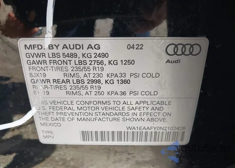 2022 Audi Q5 Premium Plus 45 Tfsi S Line Quattro S Tronic z USA, uszkodzony, nr VIN WA1EAAFY0N2102426